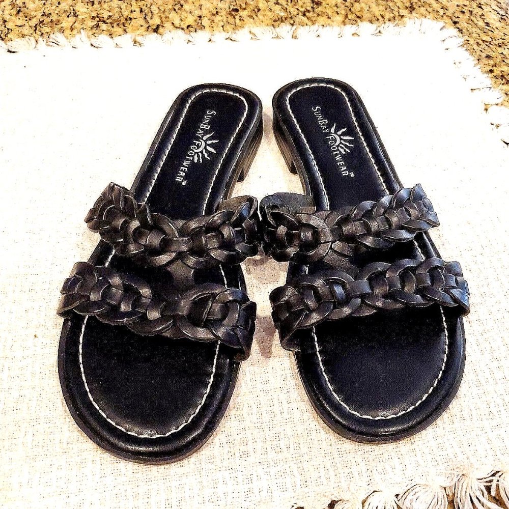 SunBay Footwear Black Leather Weave Womens Sandals Slip on Leather Upper  Size 7
